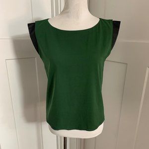 Alice + Olivia Green Silk Blouse with Leather Cap Sleeves Size S